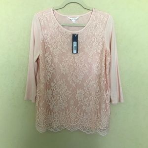 NWT Down East Lace Front Pullover Top Dogwood Pink
